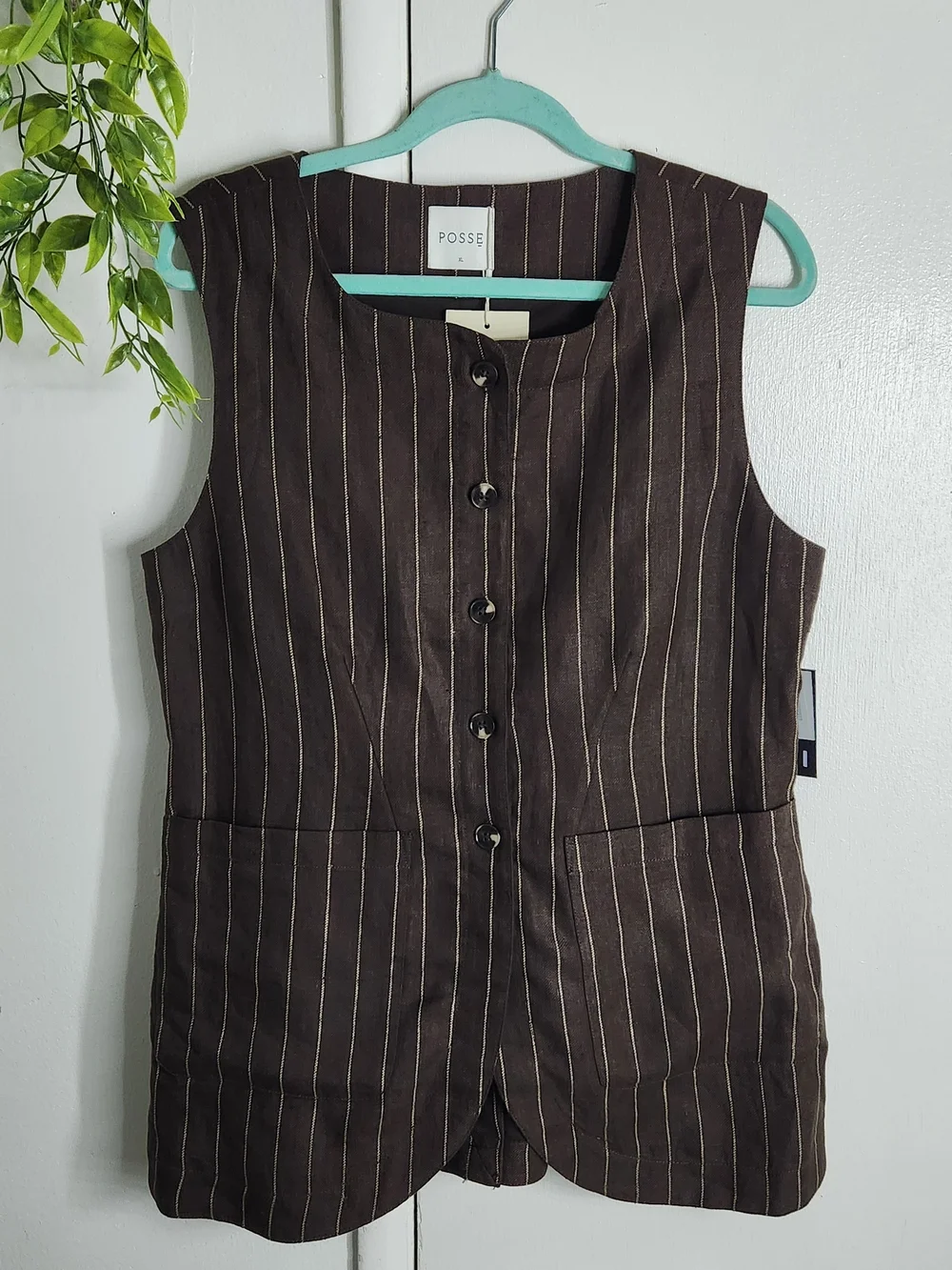 ✨ POSSE Emma Vest Chocolate Cream Pinstripe Linen NWT XL 🤎✨ - Picture 1 of 11
